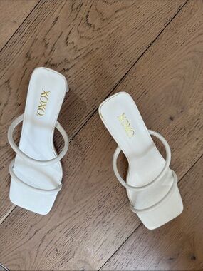 XOXO White Double-Strap Square-Toe Heeled Sandals